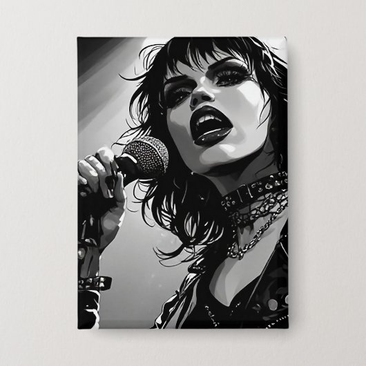 50er BW-Grafik-Comic-Stil-Goth-Punk-Sänger Button (Vorderseite)