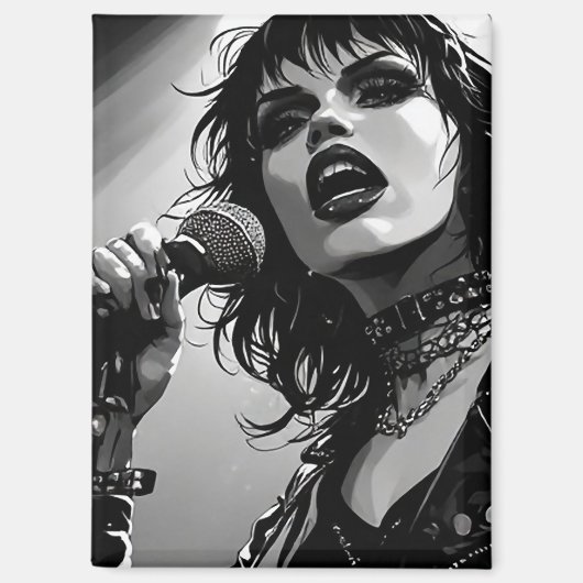 50er BW-Grafik-Comic-Stil-Goth-Punk-Sänger Magnet (Vorderseite)