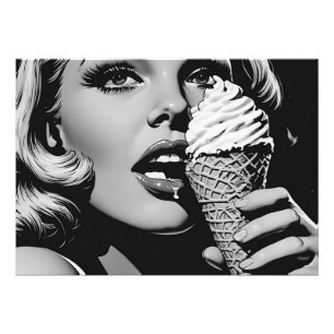 50er BW-Grafikstil Eiscreme-Blondine Fotodruck