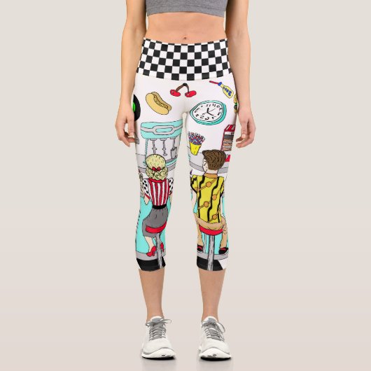 50er Grafik mit Milkshakes, Hot dogs Retro Capri Leggings (Vorderseite)