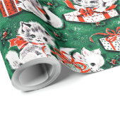 50er Jahre Grünes Weihnachtsmuster mit Kätzchen Geschenkpapier (Rolleneckpunkt)
