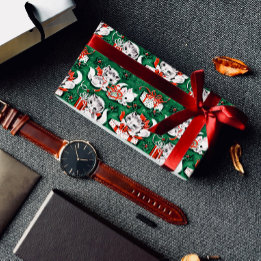 50er Jahre Grünes Weihnachtsmuster mit Kätzchen Geschenkpapier Set