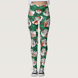 50er Jahre Grünes Weihnachtsmuster mit Kätzchen Leggings