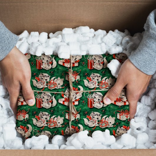 50er Jahre Grünes Weihnachtsmuster mit Kätzchen Seidenpapier
