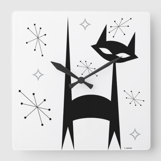 50er Jahre Retro Black Cat White Pop Art Clock Quadratische Wanduhr (Vorderseite)