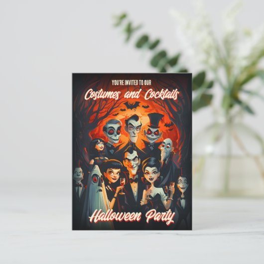 50er Kostüme Cocktails Erwachsene Halloween Einlad Postkarte (Stehend Vorderseite)