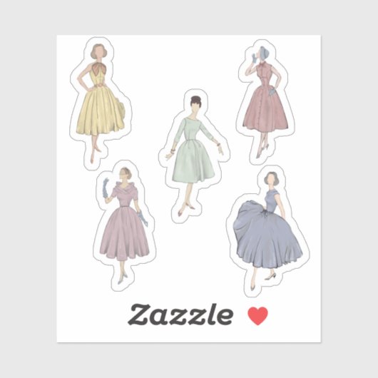 50er mode 5 farbige Kleider Aufkleber (Blatt)