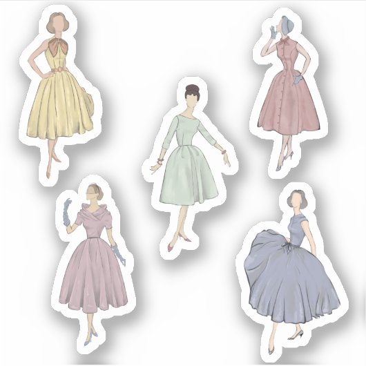 50er mode 5 farbige Kleider Aufkleber (Vorderseite)