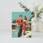 50er Paar am Pool Postkarte (Stehend Vorderseite)