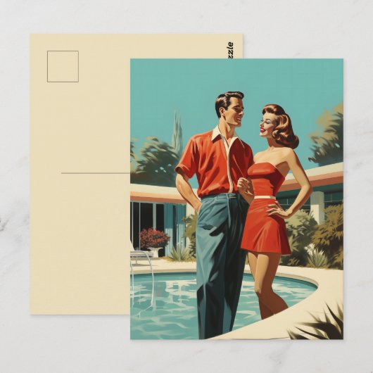 50er Paar am Pool Postkarte (Vorne/Hinten)