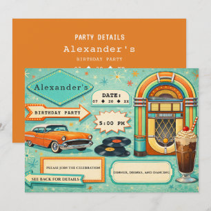 50er Retro Türkis & Orange Geburtstag Einladung
