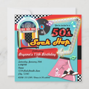 50er SOCK HOP Geburtstagsfeier Retro-Rote Einladun Einladung