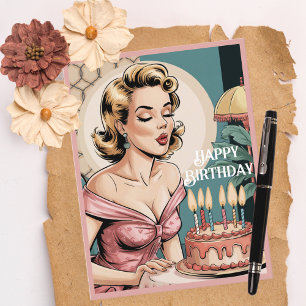 50er Vintag Retro Blonde Woman & Birthday Cake Postkarte