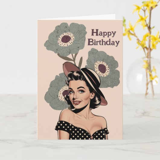 50er Vintag Retro Pinup Frau & Blume, Geburtstag Karte (Gelbe Blume)