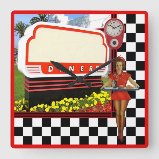 50s Retro Diner Blank Sign Quadratische Wanduhr (Vorderseite)
