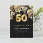 50th Anniversary Gold Black Balloon Arch Party Einladung (Stehend Vorderseite)