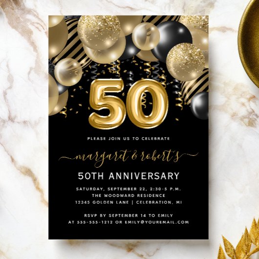 50th Anniversary Gold Black Balloon Arch Party Einladung