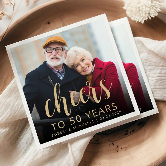 50th Anniversary Party Photo Cheers Gold Script Serviette