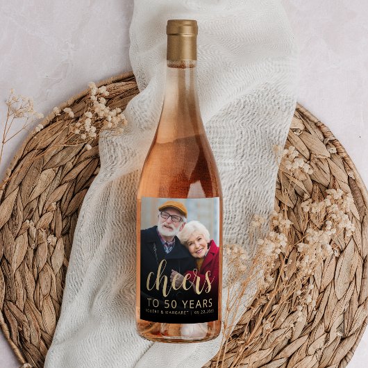50th Anniversary Party Photo Cheers Gold Script Weinetikett