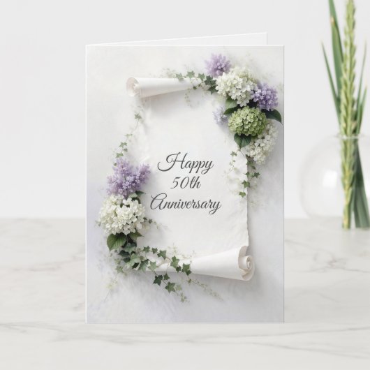 50th Anniversary Scroll Lilacs and Hydrangeas  Karte (Vorderseite)