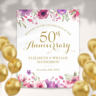 50th Anniversary Watercolour Roses Welcome Sign Poster