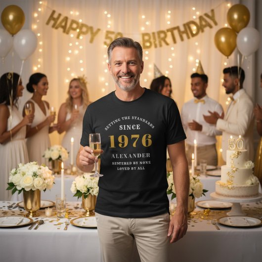 50th Birthday 1976 Black White Gold Elegant Name T-Shirt
