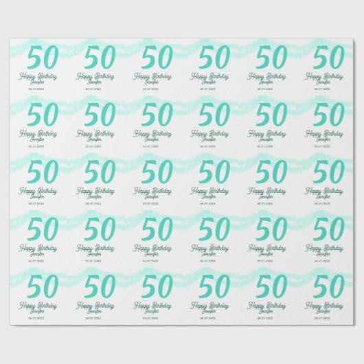 50th birthday add name date year green pastel bold geschenkpapier (Flach)