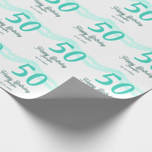 50th birthday add name date year green pastel bold geschenkpapier (Ecke)