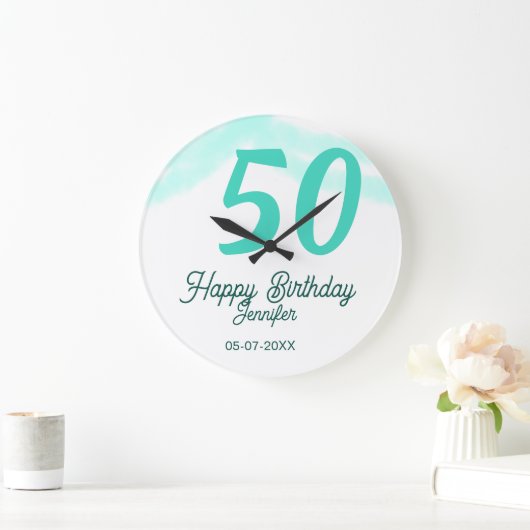 50th birthday add name date year green pastel bold große wanduhr (Zuhause)