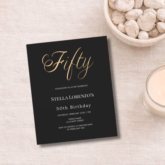 50th birthday black gold typography invitation