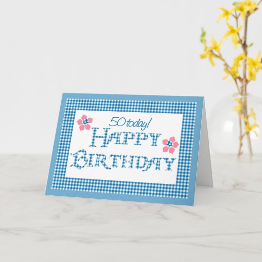 50th Birthday, Blue Check Gingham Pattern Karte (Gelbe Blume)