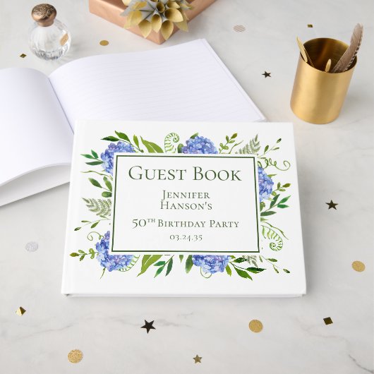 50th Birthday Blue Hydrangeas Gästebuch (Vorderseite Offen)
