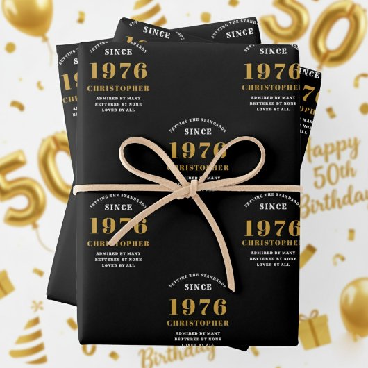 50th Birthday born 1976 Add Name Black Gold Geschenkpapier Set