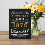 50th Birthday Born 1976 Black Gold Retro Vintage Einladung<br><div class="desc">For those born in 1976 and celebrating their 50th birthday we have the ideal birthday party invitation with a vintage feel. The black background with a white and gold vintage typography design design is simple and yet elegant with a retro feel. Easily customize the text of this birthday gift using...</div>