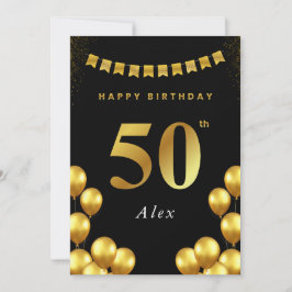 50th Birthday Card Black and Gold Balloons Karte