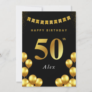 50th Birthday Card Black and Gold Balloons Karte
