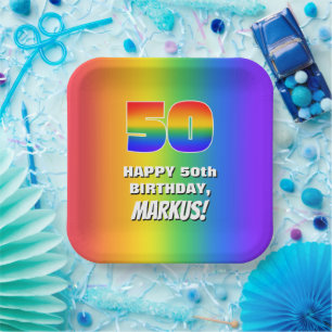 50th Birthday: Colorful, Fun Rainbow Pattern # 50 Pappteller