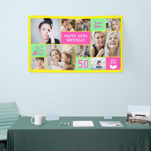 50th Birthday Custom Photo Collage Neon Yellow Banner (Messeveranstaltung)