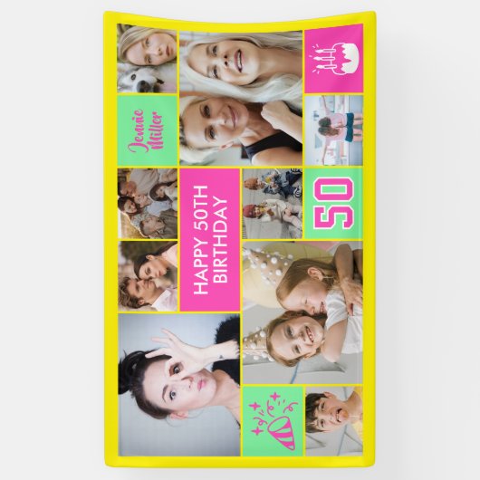 50th Birthday Custom Photo Collage Neon Yellow Banner (Vertikal)