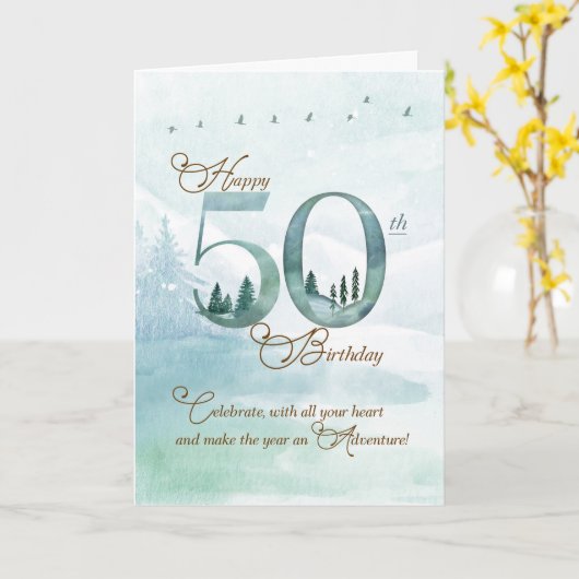50th Birthday Evergreen Pines and Deer Nature Karte (Gelbe Blume)