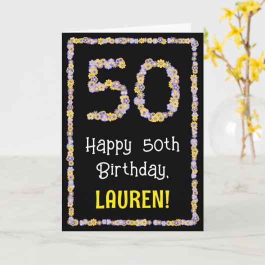 50th Birthday: Floral Flowers Number, Custom Name Karte (Gelbe Blume)