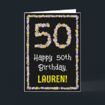50th Birthday: Floral Flowers Number, Custom Name Karte<br><div class="desc">The front of this fun, garden-inspired birthday-themed greeting card design features the message “Happy 50th Birthday, ” along with a personalized recipient name. The large number “50” and the border on the front feature flower icons. The inside features a customizable birthday greeting message, or could perhaps be cleared and left...</div>