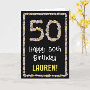 50th Birthday: Floral Flowers Number, Custom Name Karte