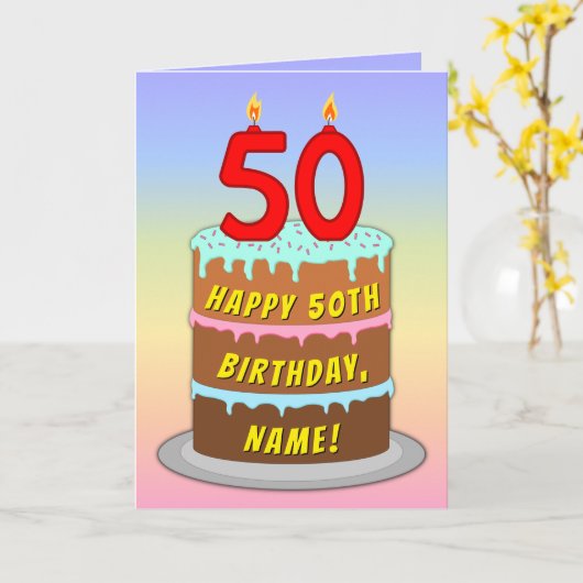 50th Birthday — Fun Cake & Candles, w/ Custom Name Karte (Gelbe Blume)