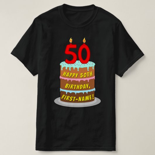 50th Birthday — Fun Cake & Candles, w/ Custom Name T-Shirt (Design vorne)