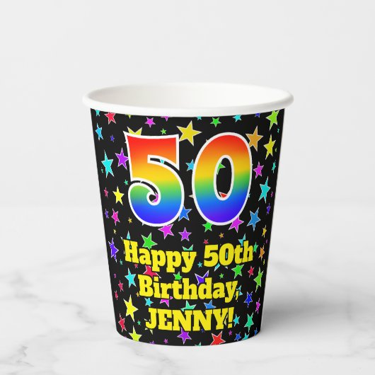50th Birthday: Fun Stars Pattern and Rainbow 50 Pappbecher (Rückseite)