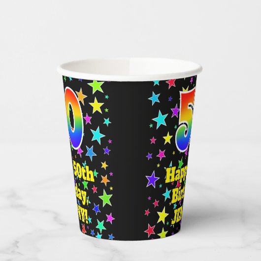 50th Birthday: Fun Stars Pattern and Rainbow 50 Pappbecher (Links)
