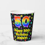 50th Birthday: Fun Stars Pattern and Rainbow 50 Pappbecher<br><div class="desc">This exciting and colorful birthday-themed paper cup design features a large number “50” with a rainbow spectrum gradient inspired pattern, along with the message “Happy 50th Birthday, ”, and an editable name. The background features a multicolored pattern having many star shapes with different sizes and colors. Colorful, vibrant paper cups...</div>