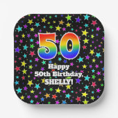 50th Birthday: Fun Stars Pattern and Rainbow “50” Pappteller (Vorderseite)