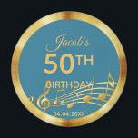50th birthday gold music note on teal blue green magnet<br><div class="desc">Teal, blue green background with falsch gold music notes for a 50th birthday party. Templates for the age 50 and name. The name is written in a hand-lettered style script. Golden letters and number. Für Both Him und Her. Perfect hat favor or as save the date reminder for uour guests....</div>